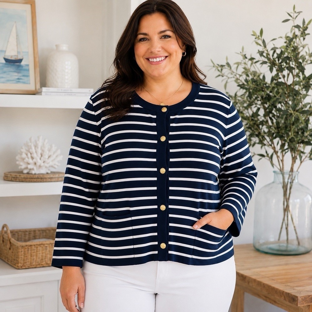 Cardigan Sweater Womens 4X Navy Blue Stripe Nautical Gold Buttons Pockets
